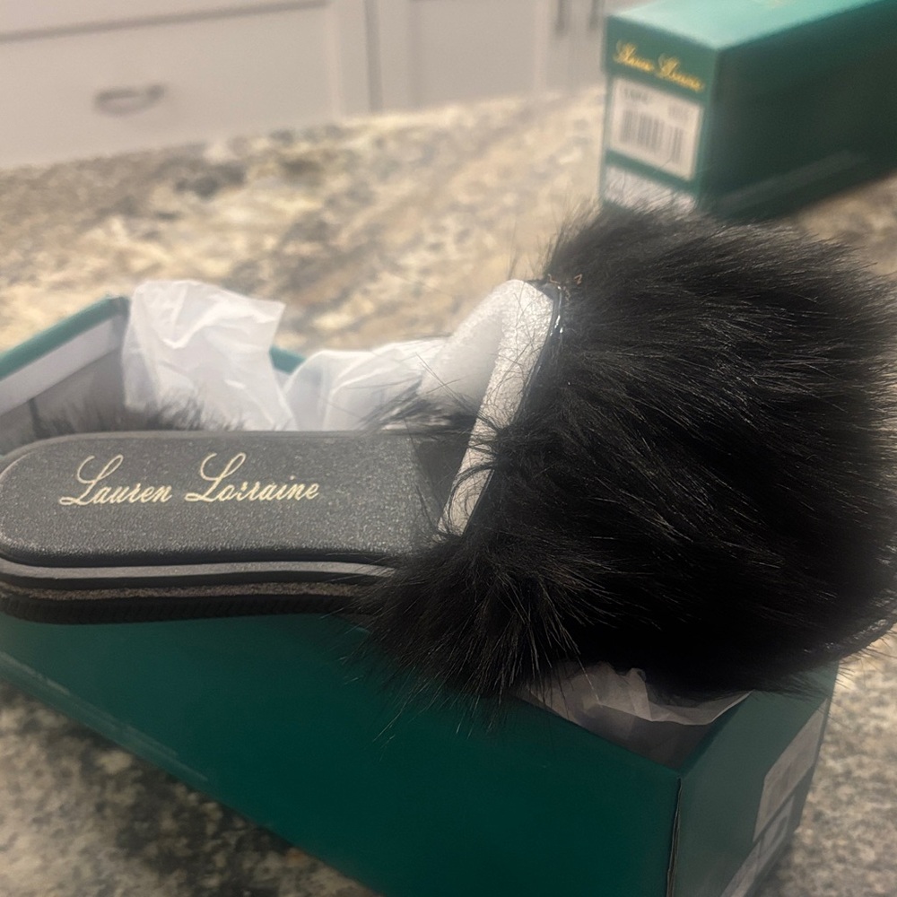 Lauren Lorraine Black Furry Slippers